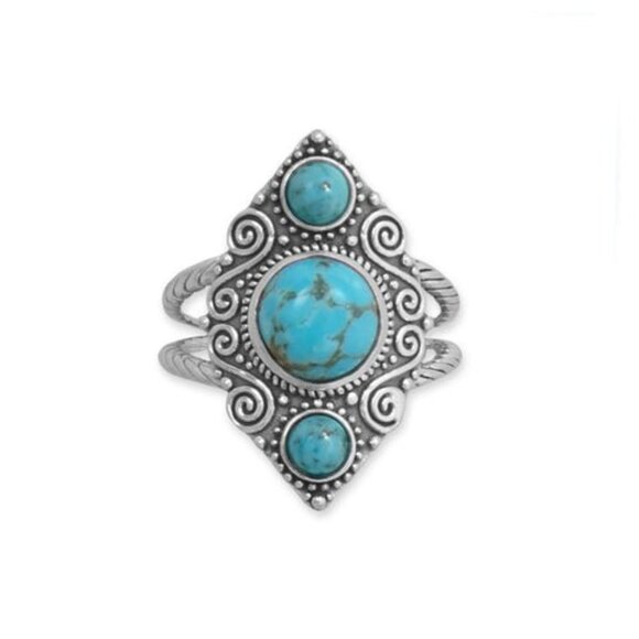 Sterling Silver Triple Turquoise Scroll Double Band Ring - sizes 6 and 9 - Picture 1 of 2